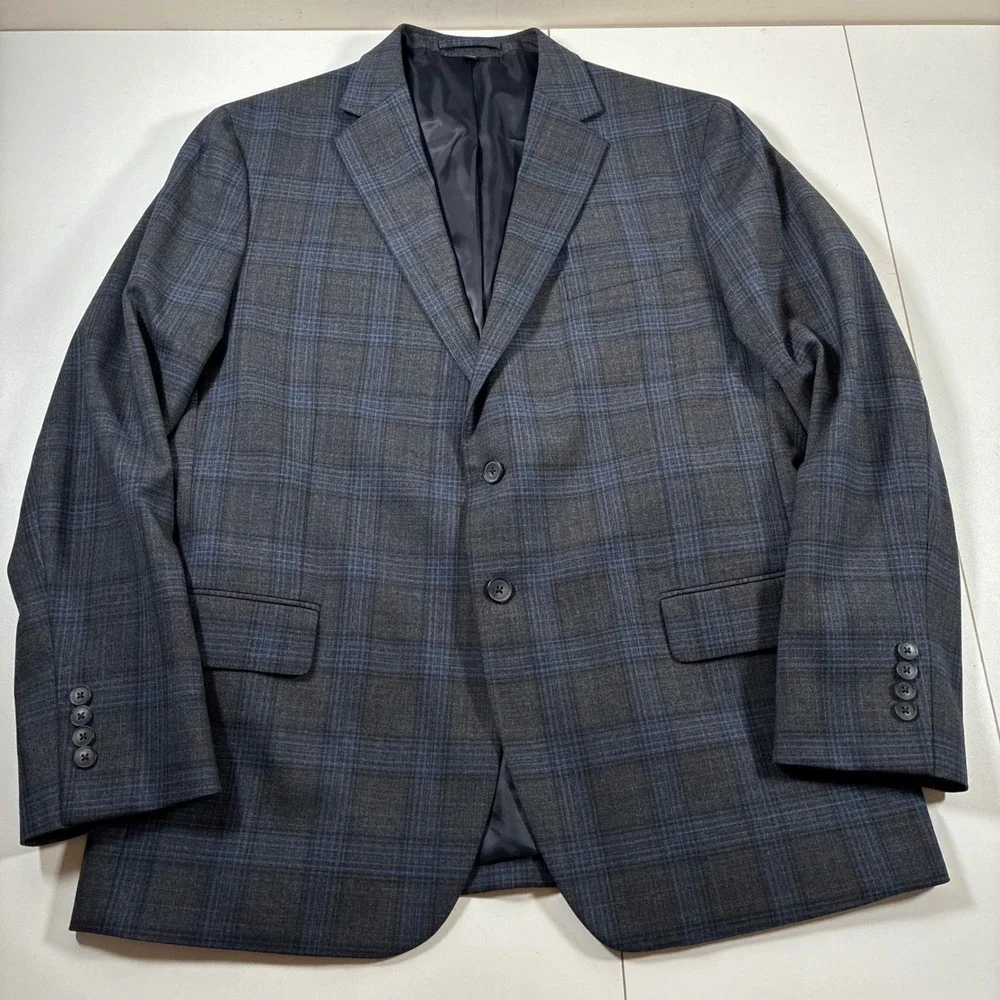 Jos A Bank Sport Coat 44R Grey Blue Glen Plaid Tailored Fit Wool Blend Modern